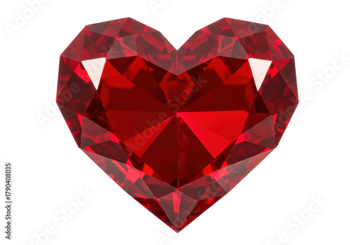 Isolated polished heart-shaped ruby gemstone, brilliant faceted love concept, romantic design, Valentines
