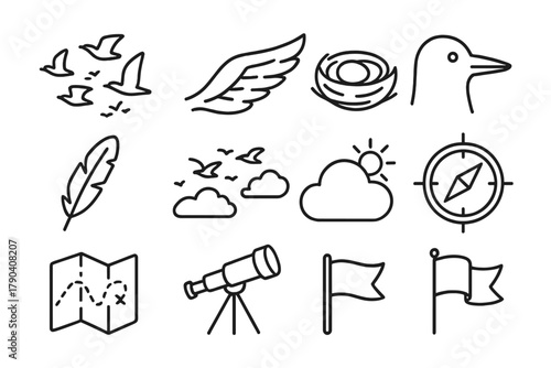 Bird Migration Icons. Line style icons of Bird Migration: Flock, Wing, Nest, Beak; Feather, Sky, Cloud, Sun; Compass, Map,