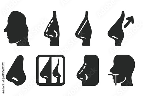 Vintage Nose Surgery Icons. Solid style icons of vintage nose job diagrams: Side Profile Outline, Surgical Markings, Nose Bridge