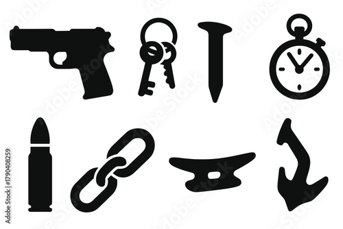 Uncommon Magnet Finds. Solid style icons of unusual magnet finds: Old Handgun, Key Ring, Railway Spike, Pocket Watch, Canister