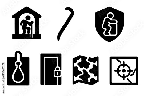 Urban Survival Icons. Solid style icons of urban survival tactics: rooftop escape icon, crowbar glyph, hidden spot badge. Window