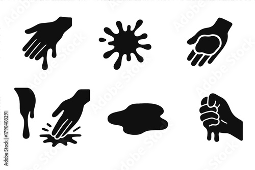 Oobleck Behavior Icons. Solid style icons of oobleck behavior: Dripping Hand, Fluid Splash, Solid Clump, Palm Impact, Flowing