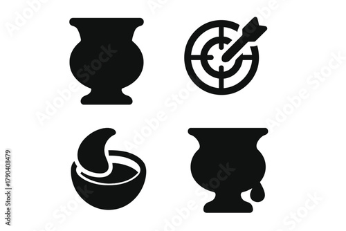 Historical Brass Spittoon. Solid style icons of Historical Brass Vessel: Tobacco Spittoon, Brass, Aim, Chewing Tobacco, Saloon,