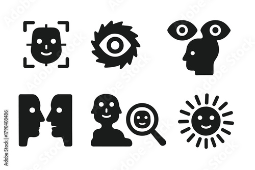 Pareidolia Icon Set. Solid style icons of pareidolia concept and symbolism: Face Detection Grid, Visual Bias Icon, Pattern