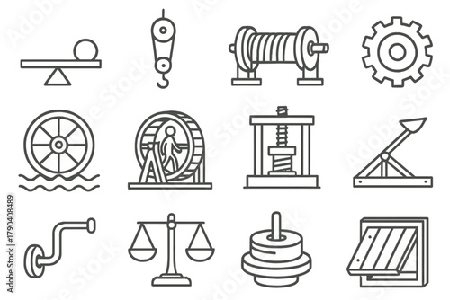 Mechanical Invention Icons. Line style icons of Mechanical Inventions: lever, pulley, winch, gear; water wheel, treadwheel, screw