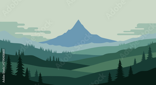 Serene Mountain Landscape with Rolling Hills and Evergreen Forests, Minimalist Digital Illustration