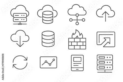Cloud System Icons. Line style icons of Cloud Systems: cloud server, data storage, network nodes, upload icon; download icon,
