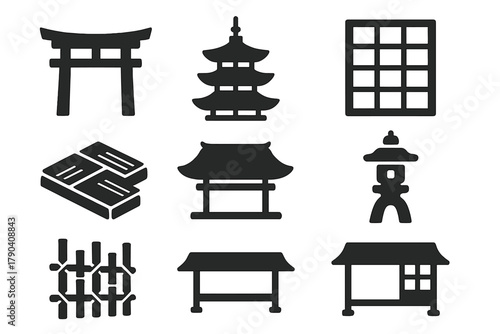 Japanese Architecture Icons. Solid style icons of Japanese architecture elements: Torii Gate, Pagoda, Shoji Screen, Tatami Floor,