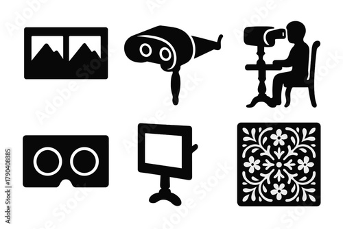 Vintage Stereoscope Icons. Solid style icons of Vintage Stereoscope: Card, Viewer, 3D Image, Parlor Entertainment, Lens, Wooden