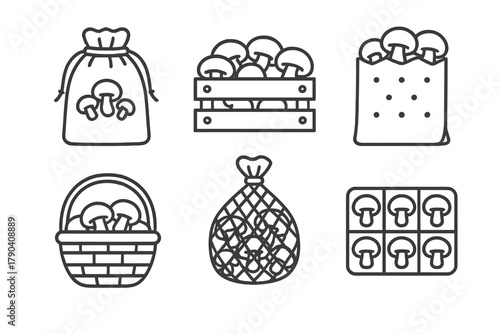 Mushroom Storage Icons. Line style icons of Mushroom Storage Containers: canvas pouch, wooden crate, breathable paper bag, wicker