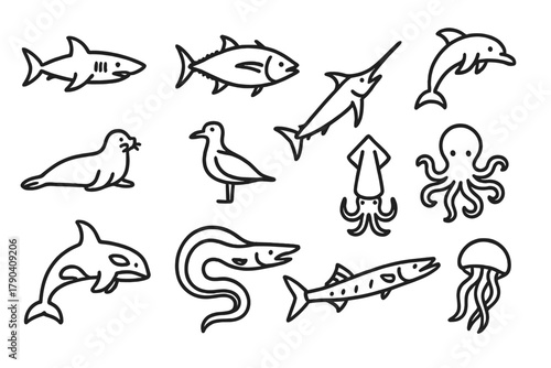 Ocean Predator Icons. Line style icons of Ocean Predators: shark, tuna, swordfish, dolphin; seal, seabird, squid, octopus; killer