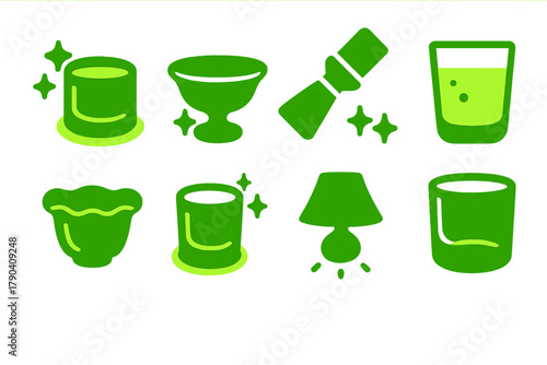 Uranium Glass Icons. Solid style icons of uranium glass characteristics: Green Glow, Fluorescent Shine, UV Light Beam, Transparent