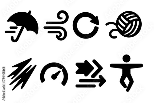 Dynamic Motion Icons. Solid style icons of swift in motion: Open Umbrella Shape, Twisting Lines, Spinning Symbol, Yarn Loop