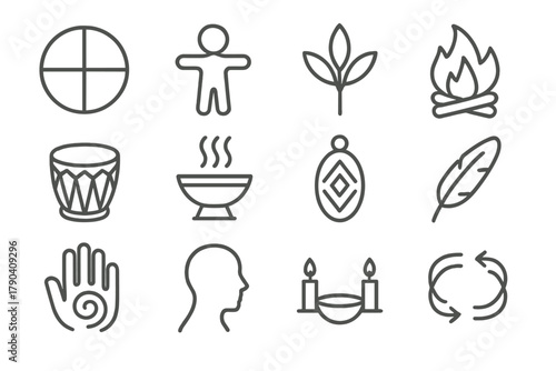 Cultural Healing Icons. Line style icons of Cultural Healing Symbols: medicine wheel, spirit figure, sacred plant, ritual fire;