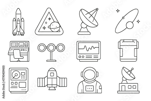 Space Mission Icons. Line style icons of Space Mission Tools: launch vehicle, mission patch, satellite dish, trajectory diagram;