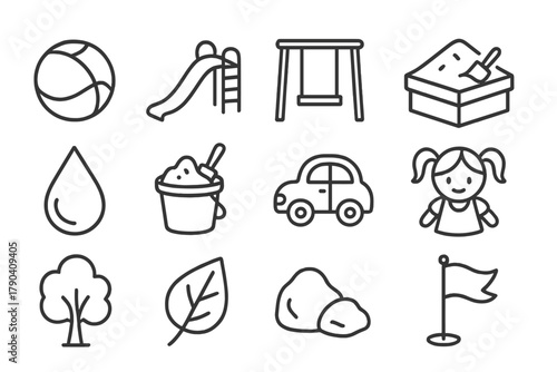 Play & Exploration Icons. Line style icons of Play & Exploration: Ball, Slide, Swing, Sandbox; Water, Sand, Toy Car, Doll; Tree,