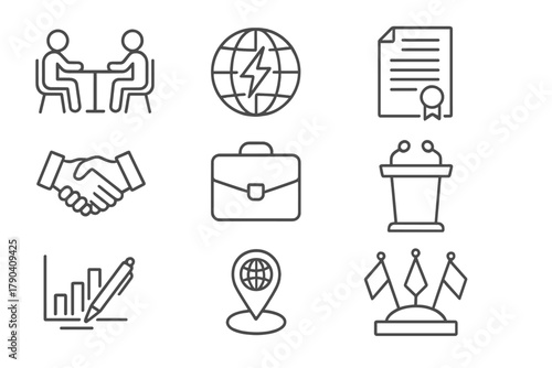 Energy Diplomacy Icons. Line style icons of Energy Diplomacy: negotiation table, globe with lightning, treaty document, handshake;