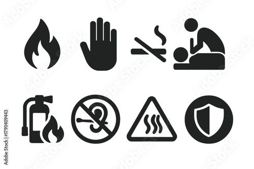 Ear Candling Safety Icons. Solid style icons of safety and caution in ear candling: Flame Warning, Stop Hand, No Smoke Icon,