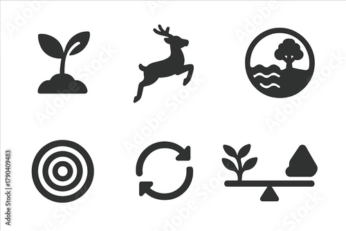 Rewilding Icons. Solid style icons of rewilding efforts in fallout zones: plant sprout glyph, animal return icon, ecosystem badge.