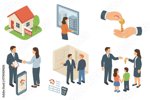 Real Estate Transactions. Isometric vector illustration set of Real Estate: backyard with sold sign, apartment view window, home