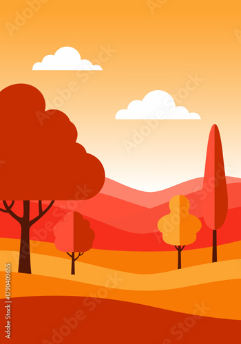 Autumnal Landscape Illustration with Trees and Clouds in Warm Tones - EPS Format