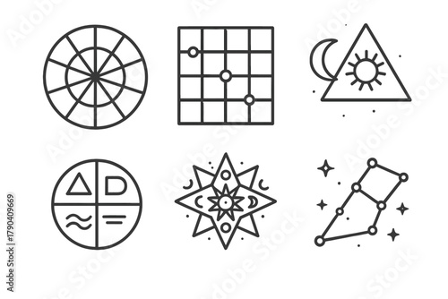 Astrological Geometry Icons. Line style icons of Astrological Geometry: zodiac wheel pattern, planetary alignment grid,