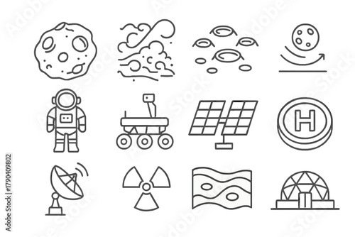 Extraterrestrial Line Icons. Line style icons of Extraterrestrial Environment: asteroid, dust storm, craters, low gravity; space