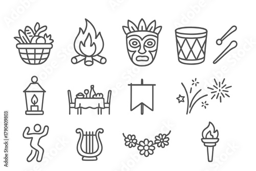Festival History Icons. Line style icons of History of Festivals: harvest basket, bonfire, ceremonial mask, drum; lantern, feast
