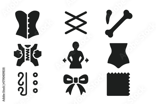 Retro Waist Cincher Icons. Solid style icons of Retro Waist Cincher: Corset, Laces, Bone, Tightening, Silhouette, Waist, Hook,