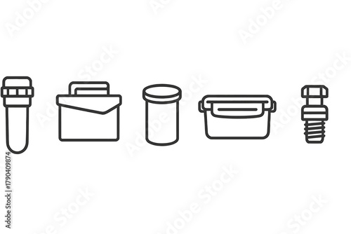 Geocache Line Icons. Line style icons of Geocache Containers: micro cache tube, small ammo box, film canister, plastic clip box,