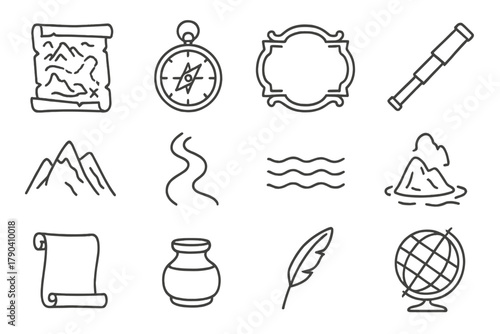 Ancient Map Icons. Line style icons of Ancient Maps: Parchment, Compass, Cartouche, Telescope; Mountain, River, Sea, Island;