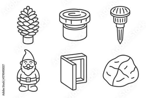 Cache Camouflage Icons. Line style icons of Cache Camouflage Ideas: pine cone cache, bark slice lid, fake sprinkler head, garden