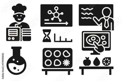 Dry Cooking Icons. Solid style icons of dry cooking masterclass: chef with dry kit, molecular whiteboard, texture lecture icon.
