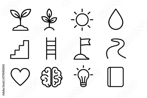 Post-Traumatic Growth Icons. Line style icons of Post-Traumatic Growth: Seedling, Sprout, Sun, Water Drop; Stair, Ladder, Flag,