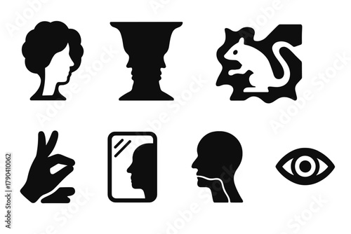 Perceptual Trick Icons. Solid style icons of Perceptual Tricks: Hidden Face, Reversible Image, Camouflage, Overlapping Shapes,
