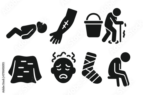 Historic Treatment Icons. Solid style icons of historic treatment aftermath: Fainting Patient, Scarred Arm, Bedside Pail, Shaky