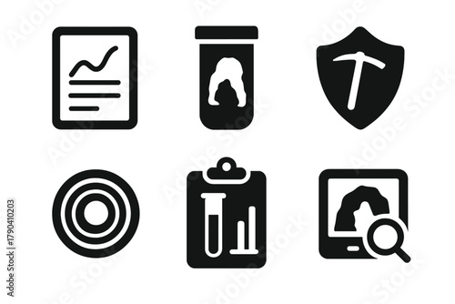 Cave Exploration Icons. Solid style icons of cave exploration science: data tablet glyph, sample container icon, probe badge. Ice