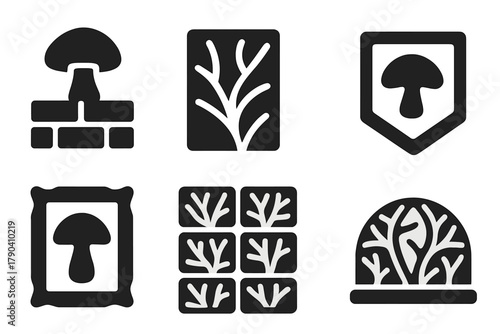 Fungal Structure Icons. Solid style icons of fungal and mycelium materials: mushroom brick block, mycelium panel slab, spore-grown