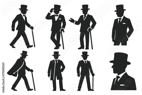 Dandy Style Icons. Solid style icons of dandy street presence: Strut Pose, Tipped Hat, Gloved Gesture, Elbow Cane Hold, Elegant