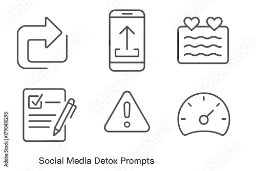 Social Media Detox Icons. Line style icons of Social Media Detox Prompts: log out symbol, uninstall icon, mindfulness quote card,