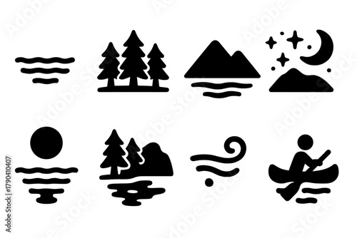 Peaceful Night Icons. Solid style icons of peaceful night setting: Calm Waterline, Silhouette Trees, Mountain Horizon, Sky Full of