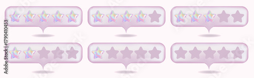 3d Y2K Chrome bubble rating five stars, for best excellent services. Gradient Pink 5 star for quality customer rating. Feedback concept from client employee, product review. 3d chromatic vector render