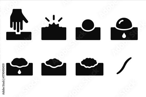 Blister Reaction Stages Icons. Solid style icons of blister reaction stages: Initial Contact, Irritated Patch, Swollen Spot, Fluid