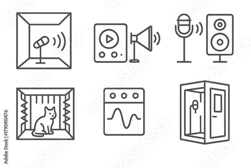 Sound Lab Icons. Line style icons of experimental sound labs: echo chamber icon, playback experiment setup, mic + speaker rig,