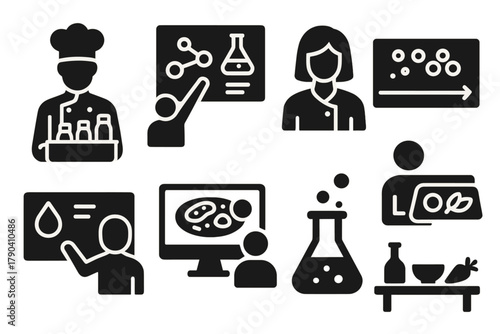 Dry Cooking Icons. Solid style icons of dry cooking masterclass: chef with dry kit, molecular whiteboard, texture lecture icon.