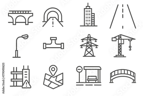 Urban Infrastructure Icons. Line style icons of Urban Infrastructure: bridge, tunnel, skyscraper, highway; streetlight, water pipe