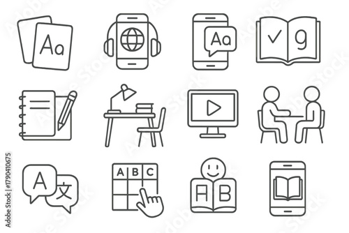 Language Learning Icons. Line style icons of Language Learning Tools: flashcards, audio lesson, language app, grammar book;