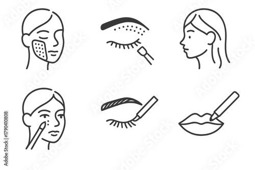 Cosmetic Tattoo Icons. Line style icons of cosmetic tattoo cover-ups: skin-tone correction icon, eyebrow tint mask, hairline