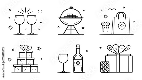 Flat minimalist grid of festive icons: clinking glasses, barbecue grill, shopping bags, wine bottle with glass, and wrapped candies, all rendered in thin monochrome lines with perfect symmetry and spa