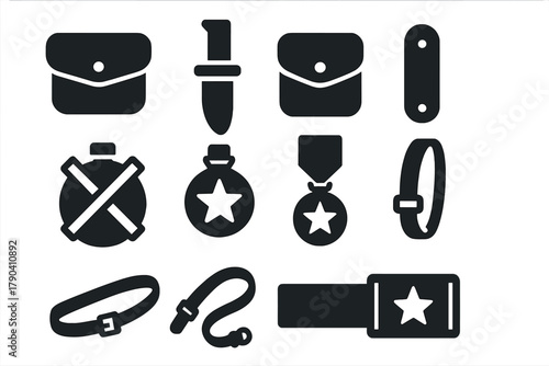 French Military Accessories Icons. Solid style icons of French military accessories: Ammunition Pouch, Bayonet Sheath, Cartridge